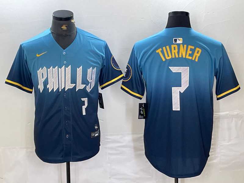 Mens Philadelphia Phillies #7 Trea Turner Number Blue 2024 City Connect Limited Stitched Jersey